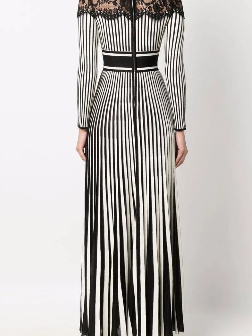 ELIE SAAB Floral Lace Knitted Long Sleeve Dress Black White Striped Chain Collar - Picture 4 of 16